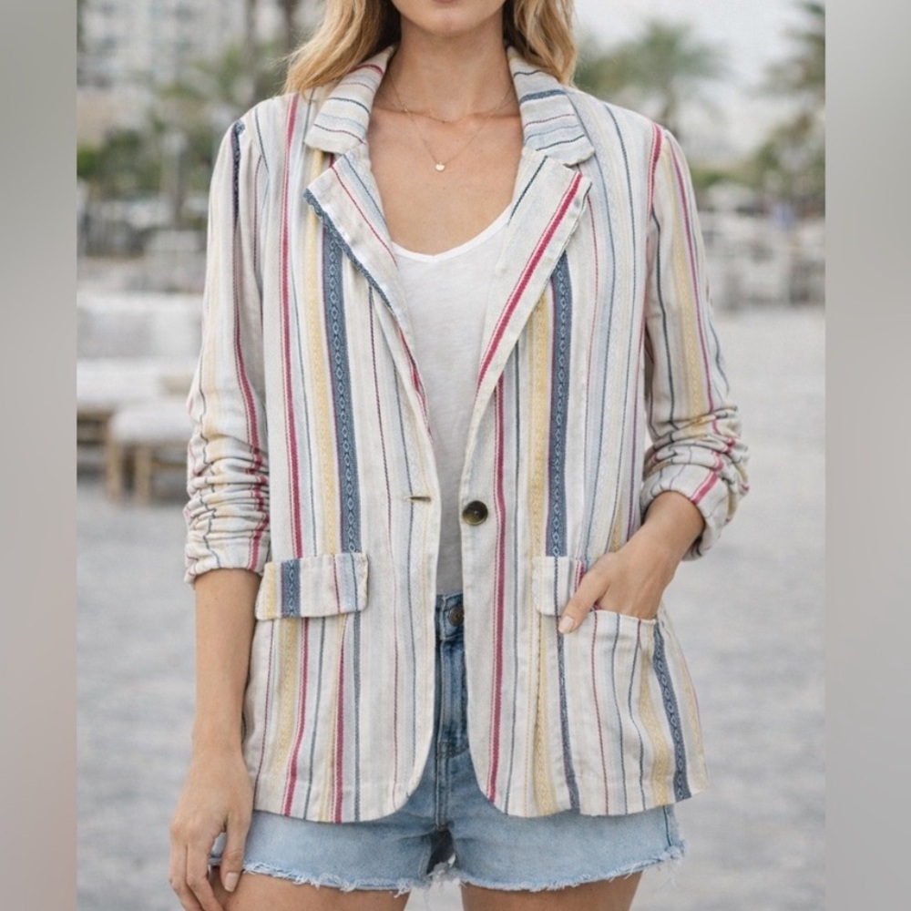 Lightweight linen-blend boyfriend blazer with multicolored vertical pinstripes
